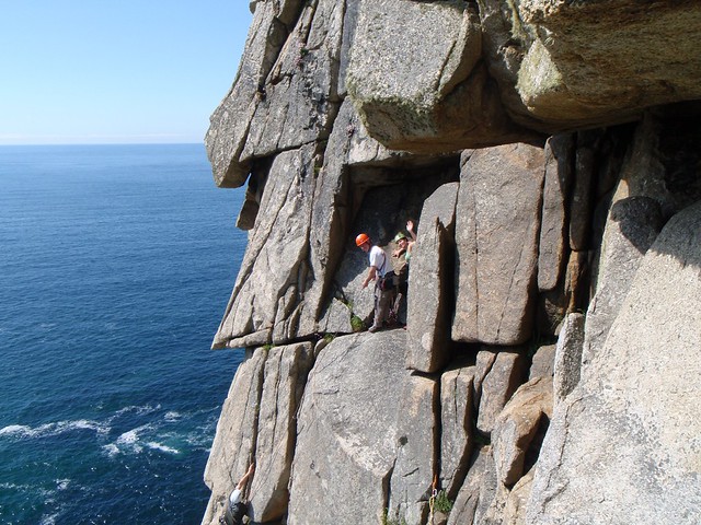 Sat, 2009-05-23 15:31 - Climbing in Cornwall for its best!  Brian and Sarah at the P2 belay ledge of Doorpost, Bosigran, while Jon is seconding.