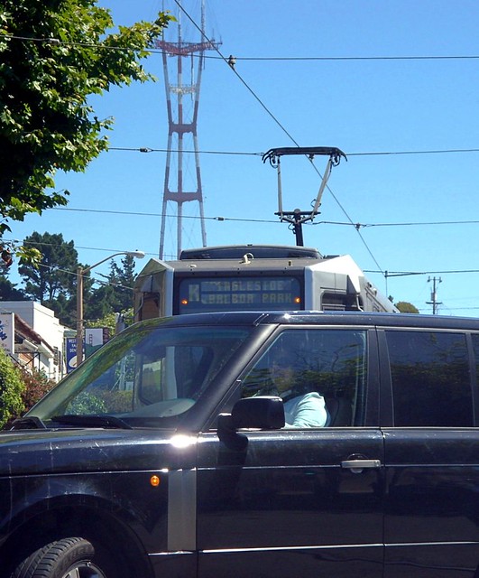 SUV, trolley, and tower, West Portal at Vicente, San Francisco, July 26, 2008