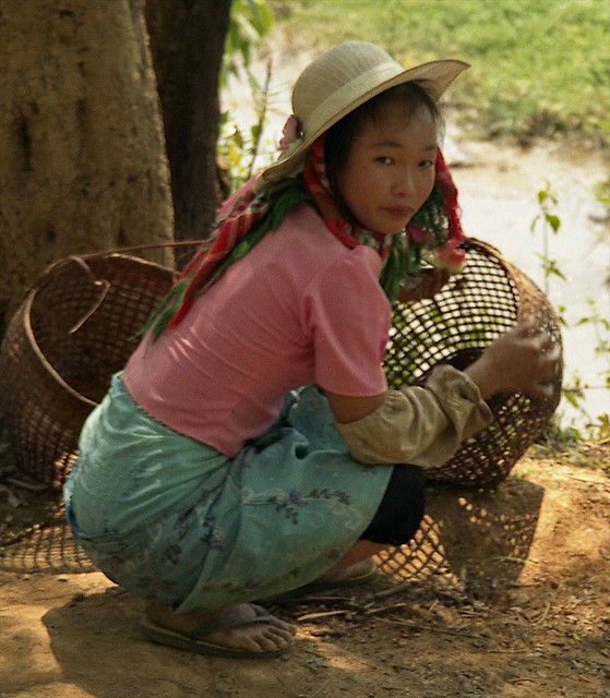 Pretty Dai girl on side of road after harvesting watermelons; S Xishuangbanna, Yunnan, China