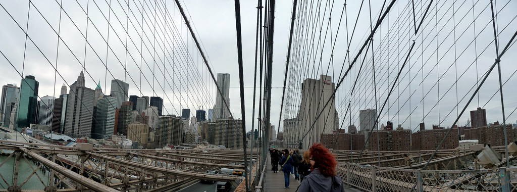 Walking across the Brooklyn Bridge Panoramic, New York City, New York, United States of America