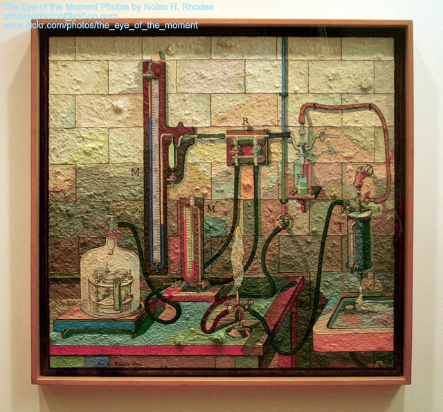 Oil on Canvas Over Wood done by Jess in 1964 (American 1923-2004) 9 layers of paint on top of pencil drawing-this painting of laboratory apparatus is based on engraving