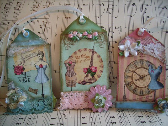 french,paris,corset,shabby,cottage,altered art,ooak,2 sided ,hang tags