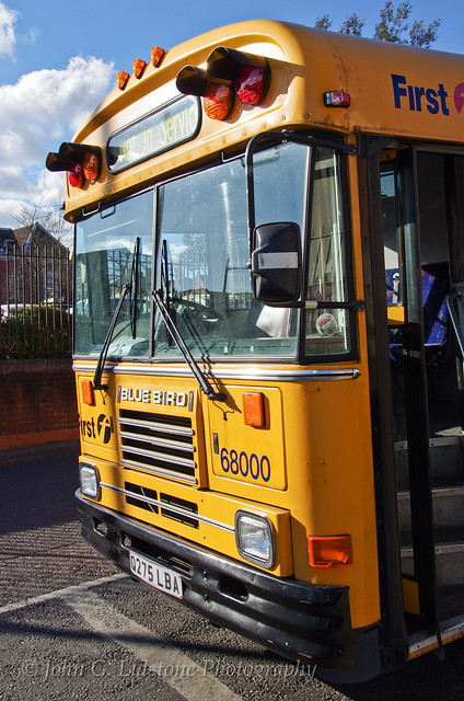 First Essex Bluebird schoolbus 68000, Q275 LBA, now in use as a staff shuttle bus at Braintree