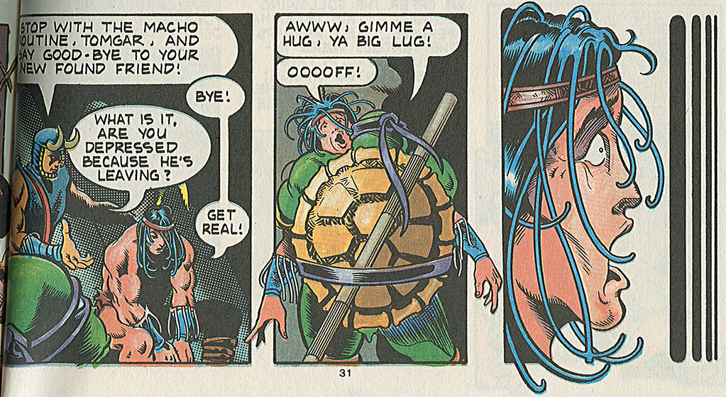 Genesis West Comics:: "THE TEENAGE MUTANT NINJA TURTLES VISIT THE LAST OF THE VIKING HEROES" - Summer Special Limited Edition   No. 866 of 1750 // Special 3 .. Donatello hugs Tomgar the Warrior (( 1992 )) by tOkKa