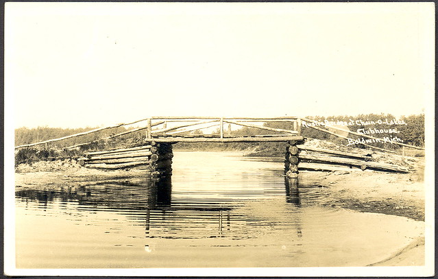 Baldwin MI RPPC The Old Rustic Bridge at the Lake County Chain-O-Lakes Clubhouse Unsent EKC Stamp Box
