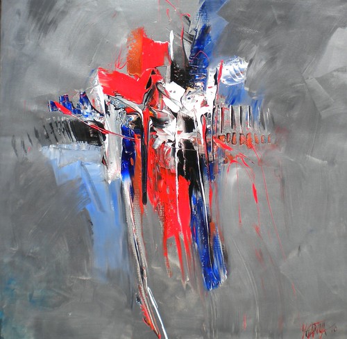 Vertical red and blue strokes on grey