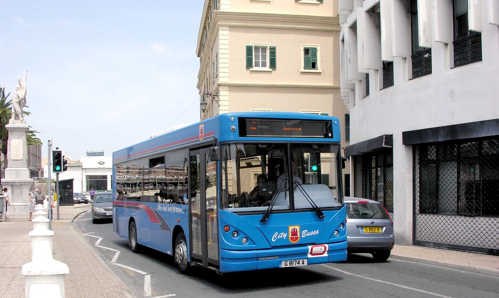 City Buses, Gibraltar: G8174A Dennis Dart MPD Caetano Nimbus B27F on Linewall Road at the British War Memorial on Route 4 to Rosia Bay