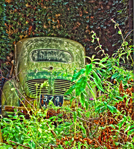 vw beetle car old green france perigord dordogne travel yard weeds volkswagen history age death life hope optimism alternative nikond70 urban city town rust 70300mmf456g