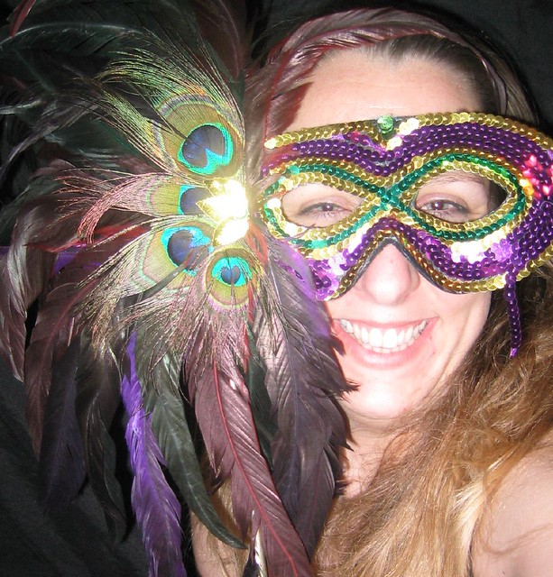 Green, Gold and Purple Sequin mask on stick