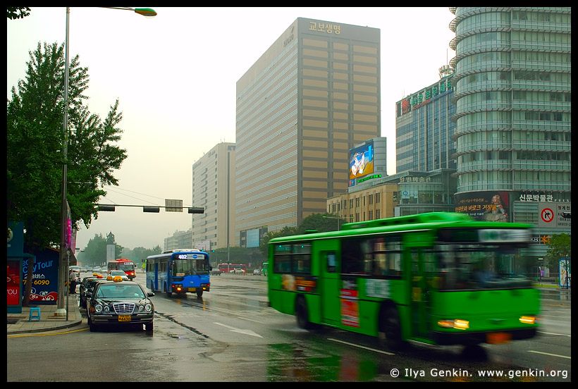 Buses and Taxis on Sejongno Street, Gwanghwamun, Seoul, South Korea