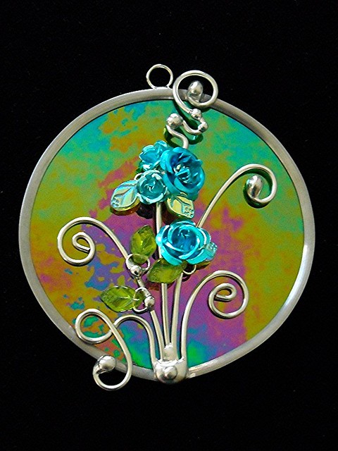 Iridescent Stained Glass Wall Art with Aqua Colored Roses