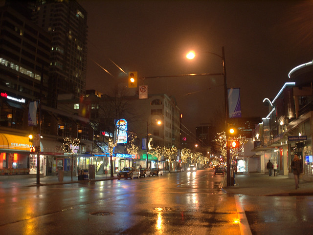 Night Robson Street between Rains
