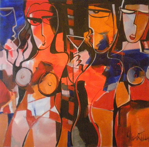 Row of figures against orange and violet
