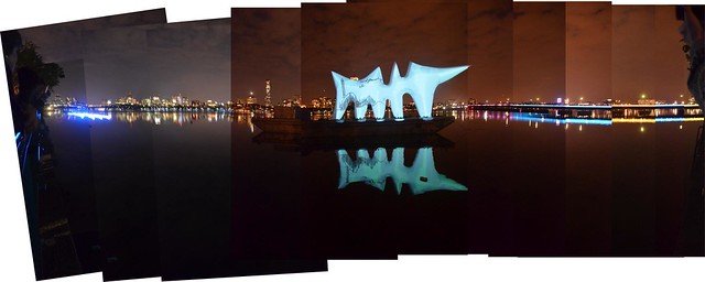 MIT+150: FAST (Festival of Art + Science + Technology): FAST LIGHT — Boston skyline with Light Drift, Liquid Archive, & LightBridge (west view)