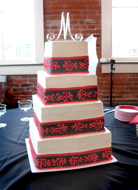 Red damask wedding cake
