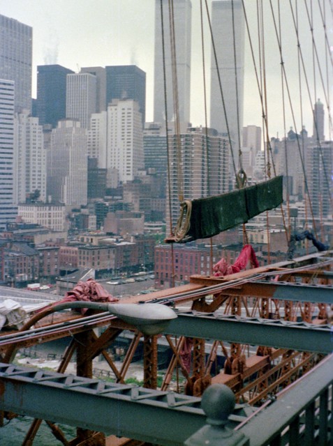 Lower Manhattan and World Trade Center from the Brooklyn Bridge. June 1974