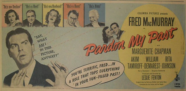 1946 HOLLYWOOD FRED MacMURRAY PARDON MY PAST MOVIE vintage advertisement 1940s Newspaper Cinema Comics Illustration