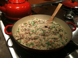 risotto with prosciutto, peas and mushrooms