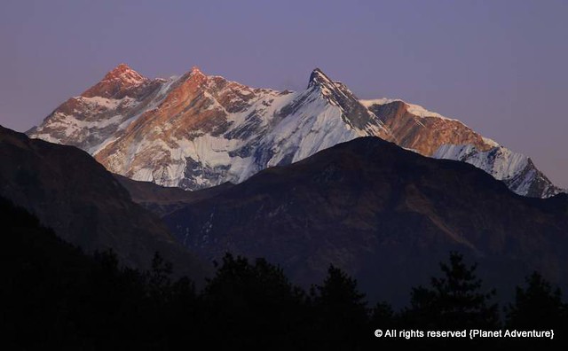 Sunset on the Annapurna I 8,091 metres (26,545 ft) (left) and Baraha Shikar(right) - Annapurna Circuit Trek - Nepal