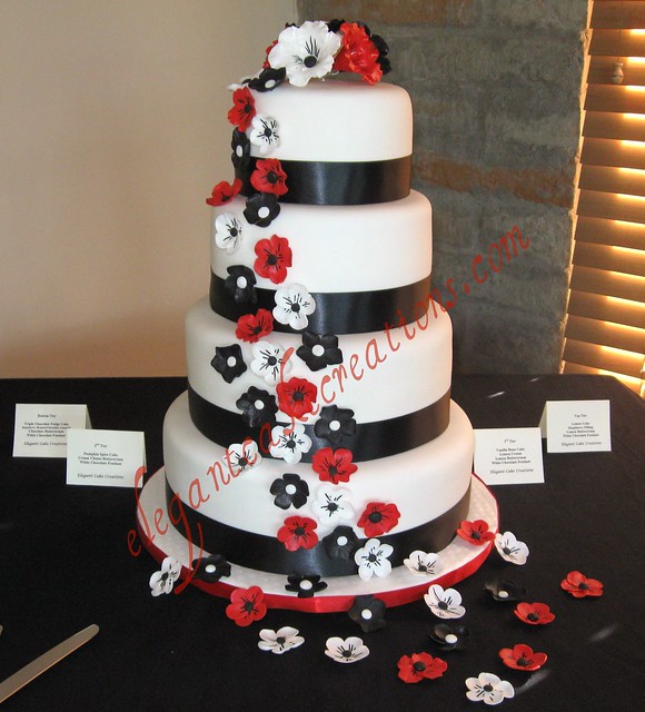 Black, white and red wedding cake