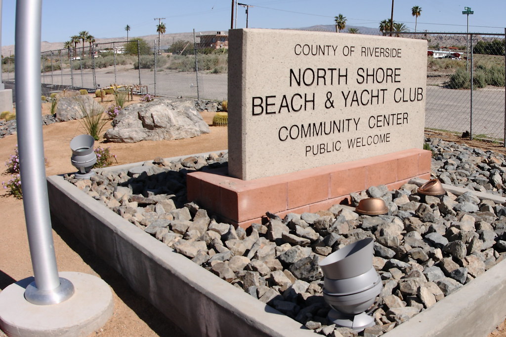 Sign at the entrance to the renovated North Shore Beach & Yacht Club at the Salton Sea.