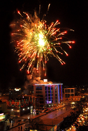 Fireworks going off in Mazar-i-Sharif during the first night of the Nowruz celebration: 21 March 2010