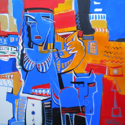 Two blue figures with orange geometric blocks
