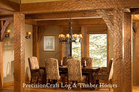 Dining Room View in Timber Frame Home Interior | by PrecisionCraft Timber Frame Homes
