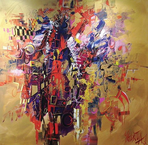 Dense vertical marks in red and violet on ochre