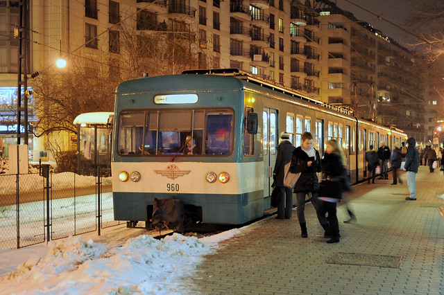 Suburban train at Boraros Ter., Budapest, Hungary, February 4, 2010