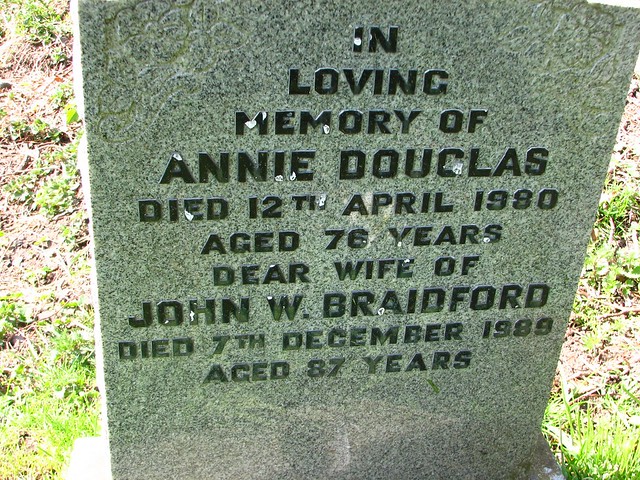 Douglas, Braidford, Wooler New Cemetery, Northumberland, UK, 4/2006. In loving memory of Anne Douglas died 12th April 1980 aged 76 years dear wife of John W. Braidford died 7th December 1989 aged 87 years