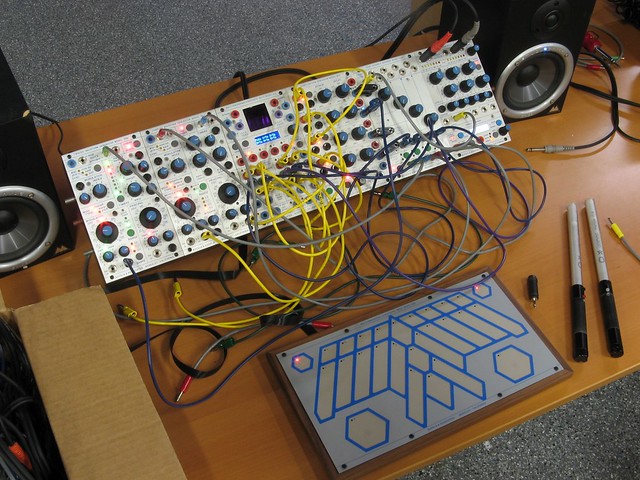 Buchla 200e with 222e Multi Dimensional Kinesthetic Input Port and Lightning Wands