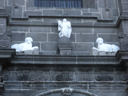 Puebla cathedral - the fence around it is topped with statues of angels