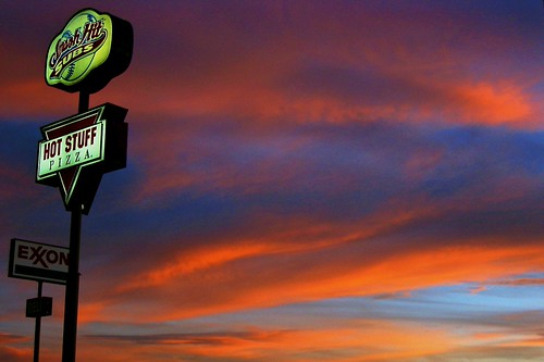 Hot Stuff by Chris Saulit, Dubois, Idaho.
May, 2003.sunset sky cloud sign highway roadtrip idaho signage interstate drama hotst