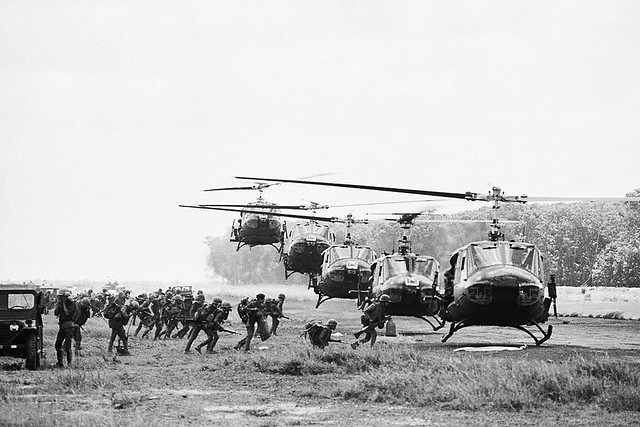 Vietnam War 1972 - Line of Helicopters of the U.S. First Air Cavalry Division land in formation at Lai Khe