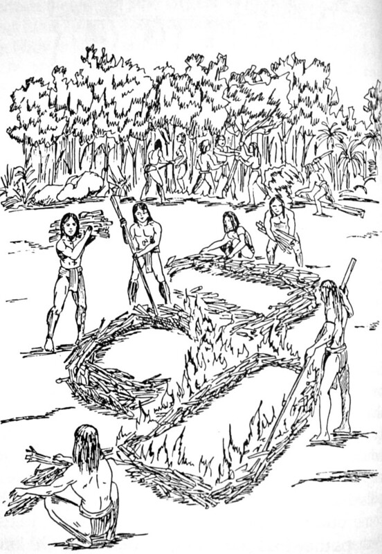 Chamorros used fire to quarry latte stones in an area with faultless limestone.  The firewood is laid in the shape of the tasa (capstone) and haligi (pillar).

Lawrence J. Cunningham/Bess Press, Inc.
