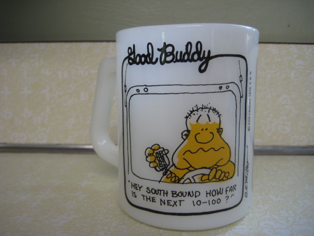 Vintage Good Buddy Trucker Milk Glass Coffee Cup Mug DE Miller Federal Yellow