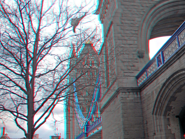 Side view of  London Tower Bridge in anaglyph 3D red blue / cyan glasses
