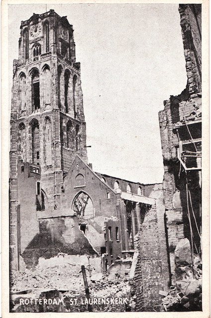 Wartime postcard showing the damage of the German bombing of Rotterdam during the invasion of the Netherlands. May 14th, 1940.