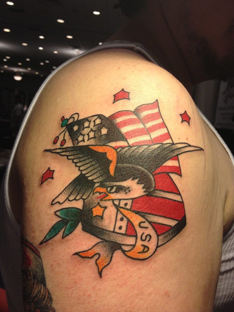 Traditonal Eagle Flag and Shield Tattoo by Krooked Ken at Black Anchor Tattoo in Denton MD