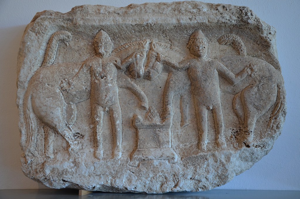 Marble relief of the Dioscuri (Castor and Pollux), Archaeological museum Narona, Vid, Croatia