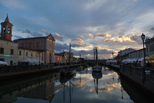 light sunset sea water reflections mirror pier boat canal cesenatico