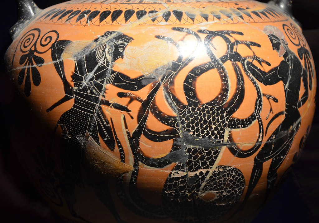 Amphora with Heracles and the Lernaean Hydra (an ancient serpent-like water monster), circa 525 BC, from Etruria (Italy), Monsters. Fantastic Creatures of Fear and Myth Exhibition, Palazzo Massimo alle Terme, Rome