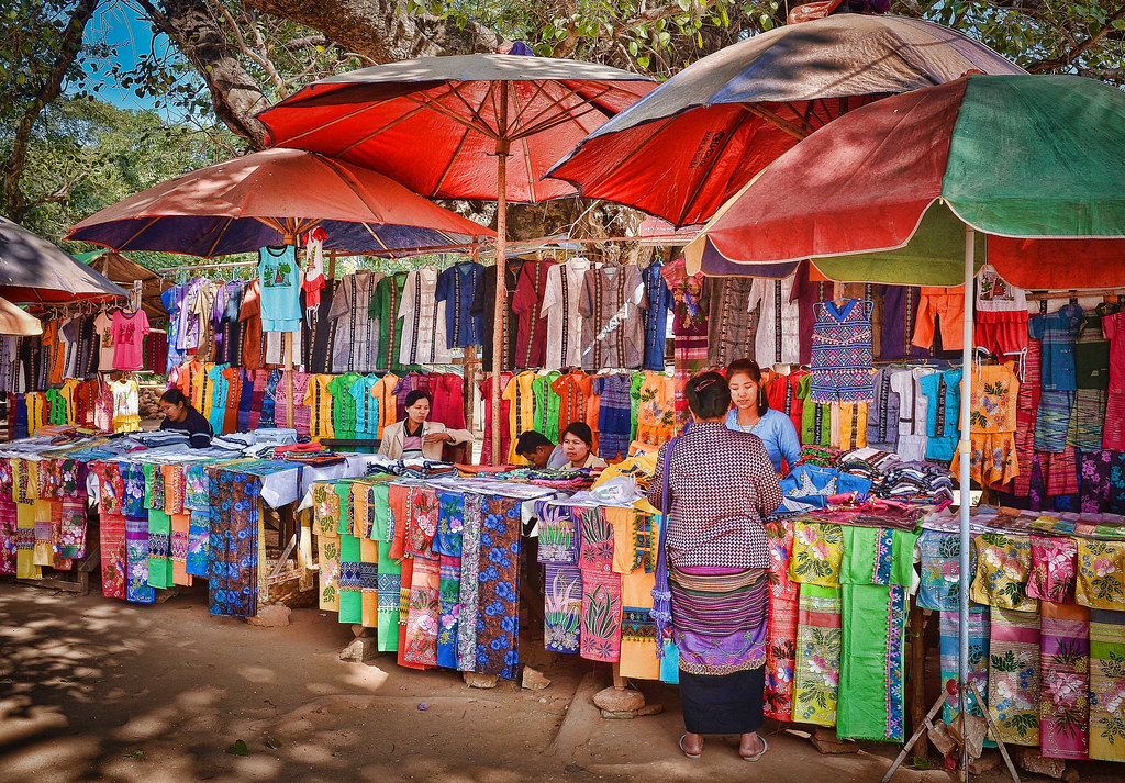 Colourful Fabric Stall at a Market in Mingun