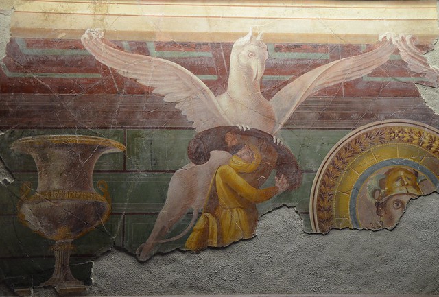 Fresco depicting a griffin attacking one of the Arimaspi (legendary Scythian), from the Villa of the Mysteries in Pompeii, 1st century BC, Monsters. Fantastic Creatures of Fear and Myth Exhibition, Palazzo Massimo alle Terme, Rome
