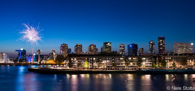 Skyline at Blue Hour with Fireworks / Rotterdam, the Netherlands
