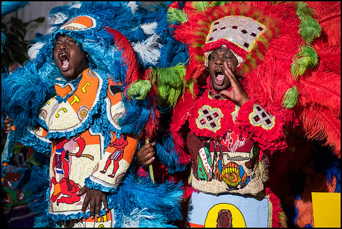 9th Ward Black Hatchets  Mardi Gras Indians in the 'OZ Hospitality Tent. Saturday, April 29, 2017 - Jazz Fest Day 2. Photo by rhrphoto.com.
