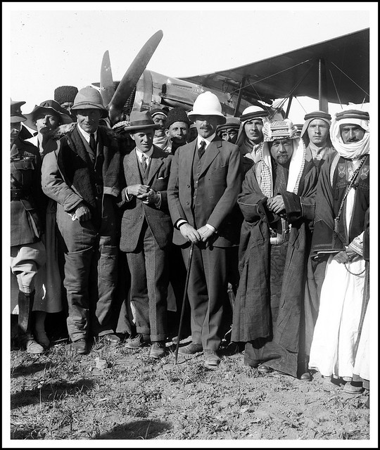 Gertrude Bell at left, photographed with T E Lawrence, Emir Abdullah and  Sir Herbert Samuel - circa 1921 TransJordan