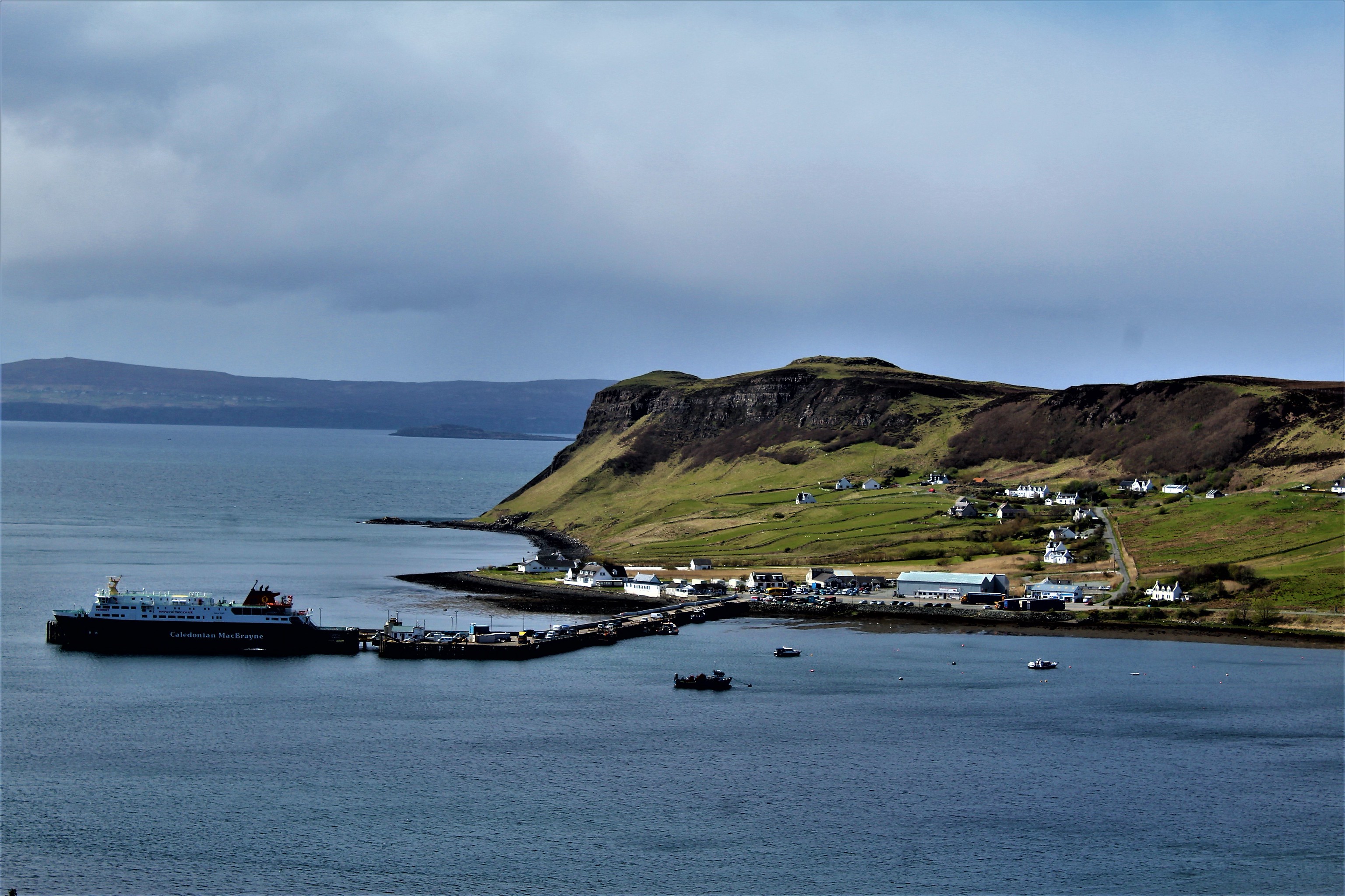 Panoramic view of Uig Bay with inter-island ferry on N.W. coast of Isle of Skye.