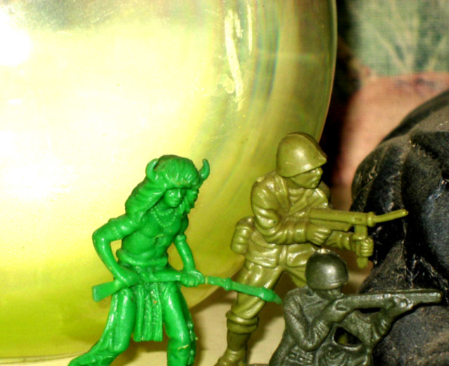 Plastic toy soldiers fighting next to pee-like liquid Indian (native american) WWII Us ant-soldiers soldiers_fighting_close_to_pee_by_MushroomBrain
